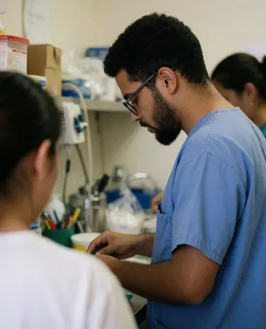 Un technicien vétérinaire portant des lunettes et une blouse bleue travaille dans un laboratoire avec du matériel médical en arrière-plan et un autre professionnel à ses côtés.