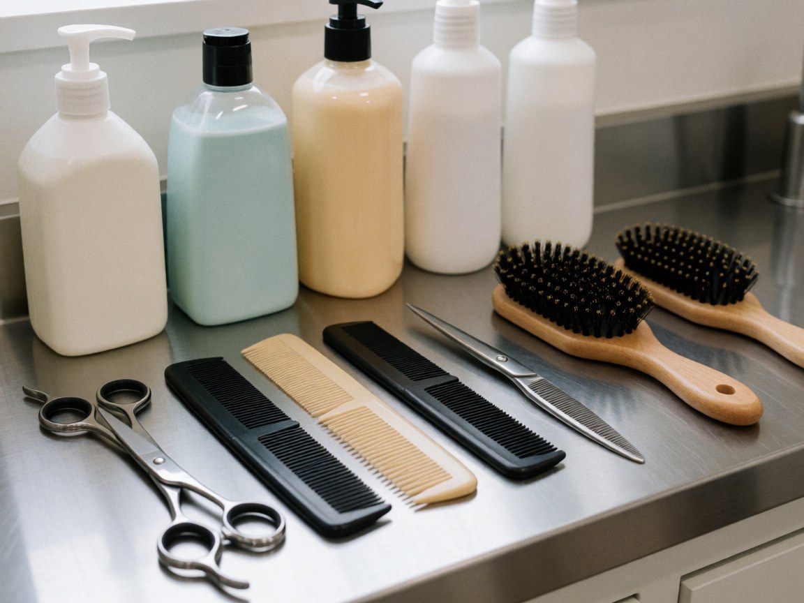 Ciseaux, brosses et bouteilles de shampooing pour chiens disposés sur un comptoir en acier inoxydable propre et bien rangé.