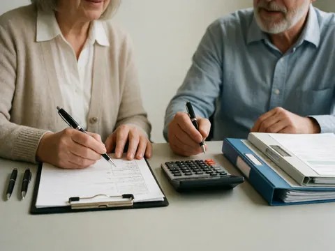 Deux personnes âgées signent des papiers sur une table avec calculatrice, dossiers et stylos dans un cadre professionnel.