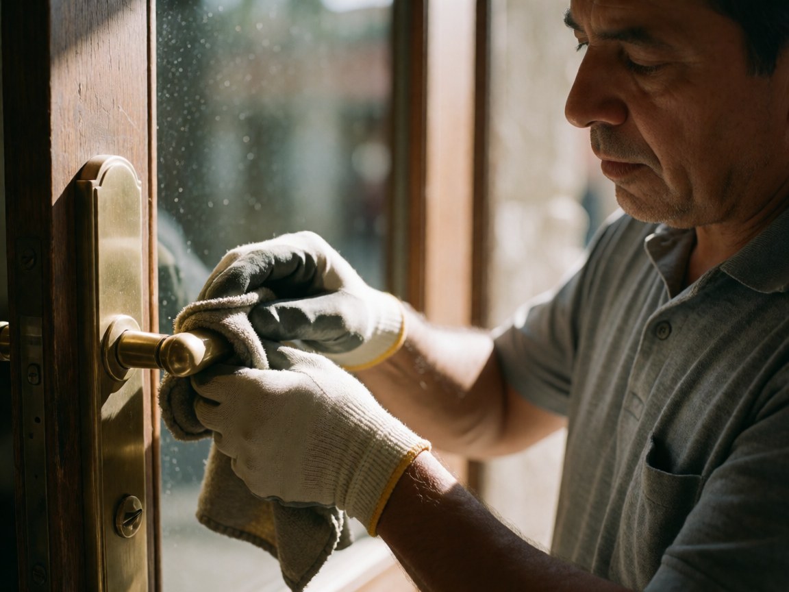 Un homme portant des gants nettoie une poignée de porte en bronze. La lumière naturelle met en valeur le métal et les détails du travail effectué.