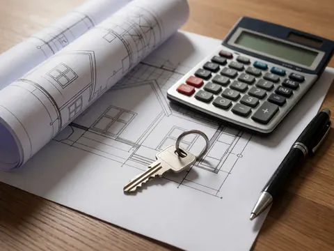 Clé de maison, calculatrice et plans architecturaux posés sur une table en bois, outils pour l'achat ou la vente de biens immobiliers
