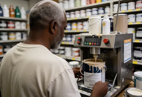 Un homme âgé mélange de la peinture dans un distributeur au sein d'un magasin de peinture avec des étagères de produits en arrière-plan.