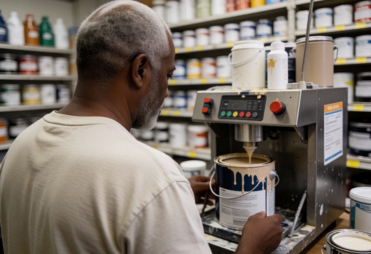 Un homme âgé mélange de la peinture dans un distributeur au sein d'un magasin de peinture avec des étagères de produits en arrière-plan.