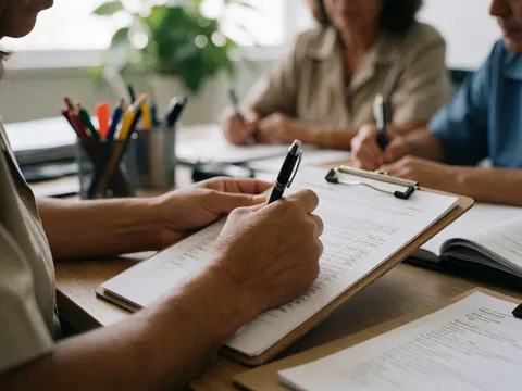 Une main tenant un stylo et écrivant dans un classeur, sur un bureau avec des plantes et des outils de travail, évoquant la psychologie et l'analyse.
