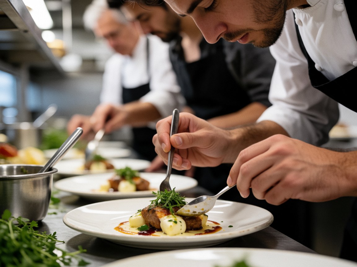 Un chef prépare un plat gourmet avec des herbes fraîches et des ustensiles en acier inoxydable dans une cuisine professionnelle bien éclairée.