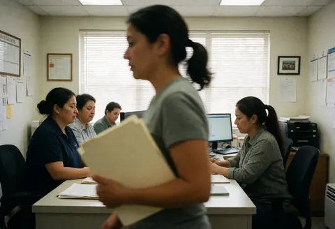 Une femme se déplace dans un bureau des ressources humaines en tenant une chemise, tandis que d'autres employés travaillent à leurs bureaux.