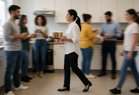 Une femme transporte un plateau avec des tasses de café dans une cuisine commune tandis que d'autres personnes discutent et boivent en arrière-plan.