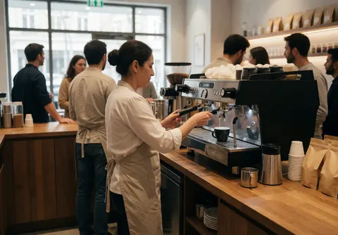 Un barista prépare du café dans une cafétéria moderne avec des clients attendant. On voit un comptoir en bois, une machine à espresso et une lumière chaleureuse.