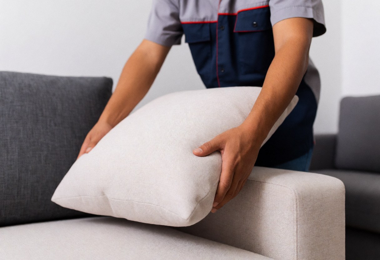 Un homme ajuste un coussin sur un canapé en tissu dans une boutique de meubles, illustrant le service client avec une lumière douce et réaliste.