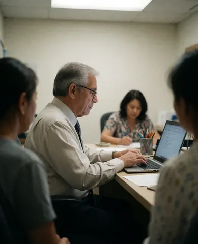 Un homme senior portant des lunettes utilise un ordinateur portable dans un bureau entouré de collègues occupés à leurs tâches.