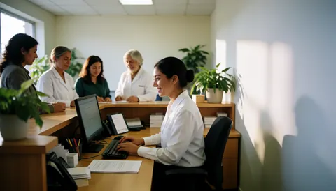 Vue de la réception d'un centre de physiothérapie où le personnel travaille sur un ordinateur, entouré de plantes et baigné de lumière naturelle.