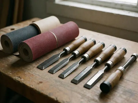 Ciseaux à bois, papier abrasif et outils de charpente disposés sur un établi en bois baigné de lumière naturelle.