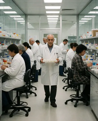 Un scientifique senior traverse un couloir de laboratoire tandis que d'autres professionnels travaillent à des tables d'analyse, éclairé par des néons et entouré de rayonnages contenant des réactifs.