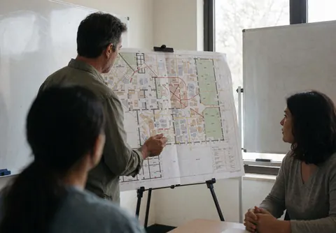 Un homme consulte un plan détaillé sur une table lors d'une réunion de planification avec deux autres participants.