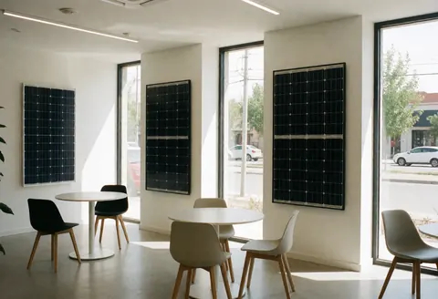 Intérieur d'un showroom avec des panneaux solaires fixés sur des murs blancs, des tables et des chaises modernes, et de grandes fenêtres laissant entrer la lumière naturelle.