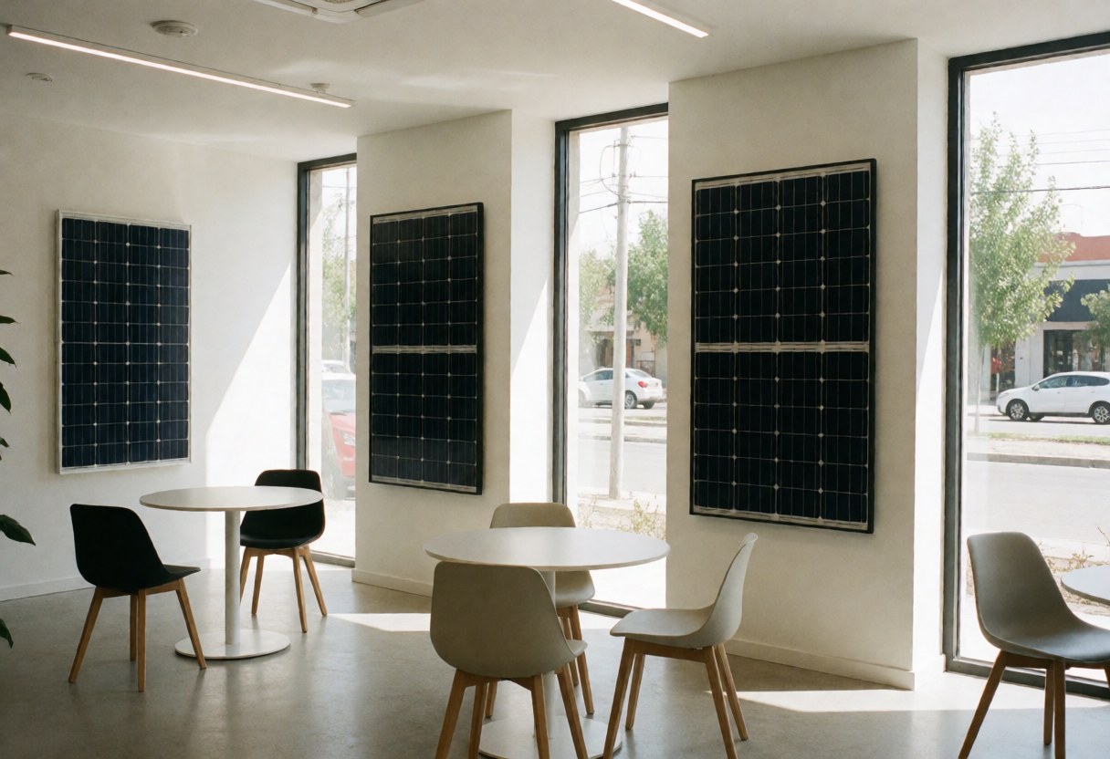 Intérieur d'un showroom avec des panneaux solaires fixés sur des murs blancs, des tables et des chaises modernes, et de grandes fenêtres laissant entrer la lumière naturelle.