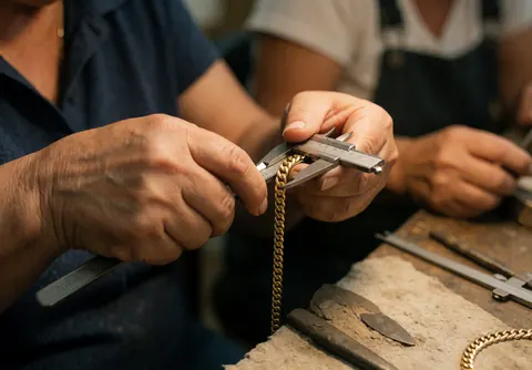 Mains d'un artisan mesurant avec précision une chaîne en or à l'aide d'un pied à coulisse dans un atelier de joaillerie.