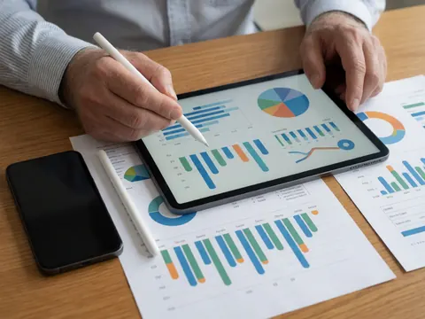 Un adulte analyse des graphiques de marketing digital sur une tablette, accompagné d'un téléphone, de rapports imprimés et d'un stylet sur une table en bois.