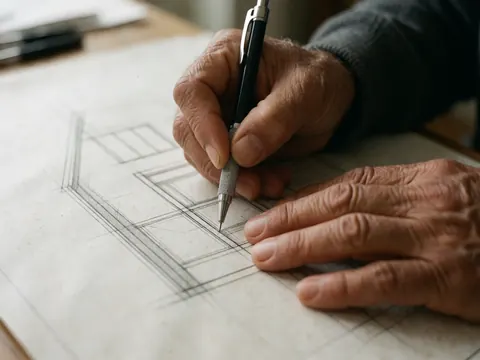 Main d'architecte traçant des lignes précises sur papier avec un crayon mécanique, illustrant détail et professionnalisme dans le design.