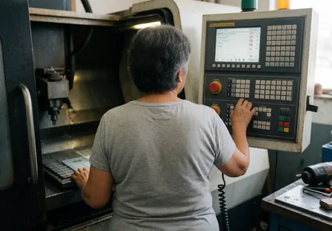 Une femme de dos opère une machine CNC dans un atelier industriel avec des outils autour.