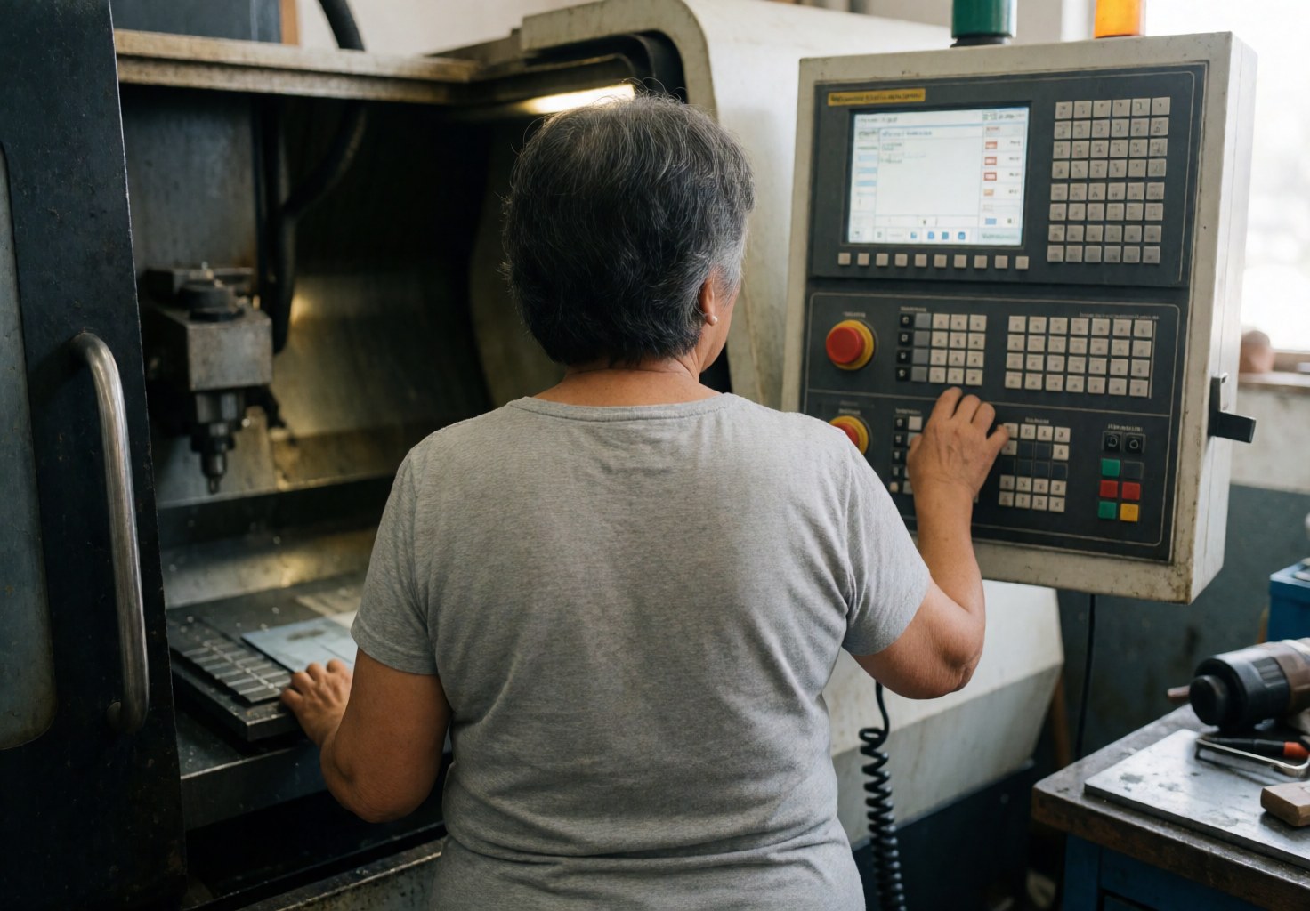 Une femme de dos opère une machine CNC dans un atelier industriel avec des outils autour.