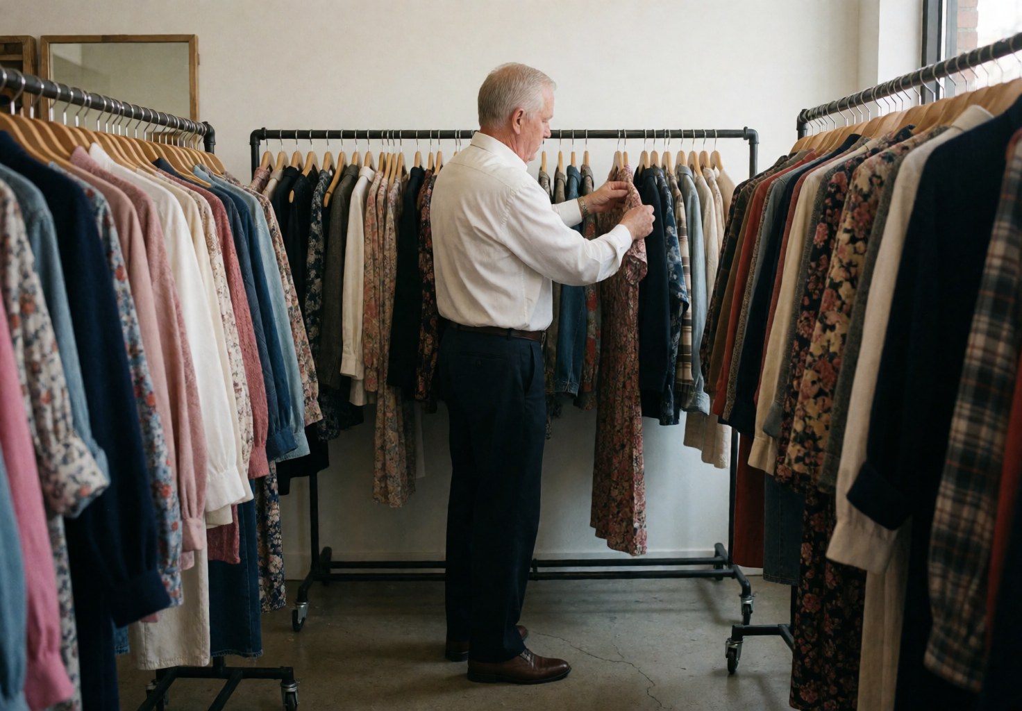 Un homme âgé en chemise blanche et pantalon sombre range des habits dans un magasin avec des cintres colorés.