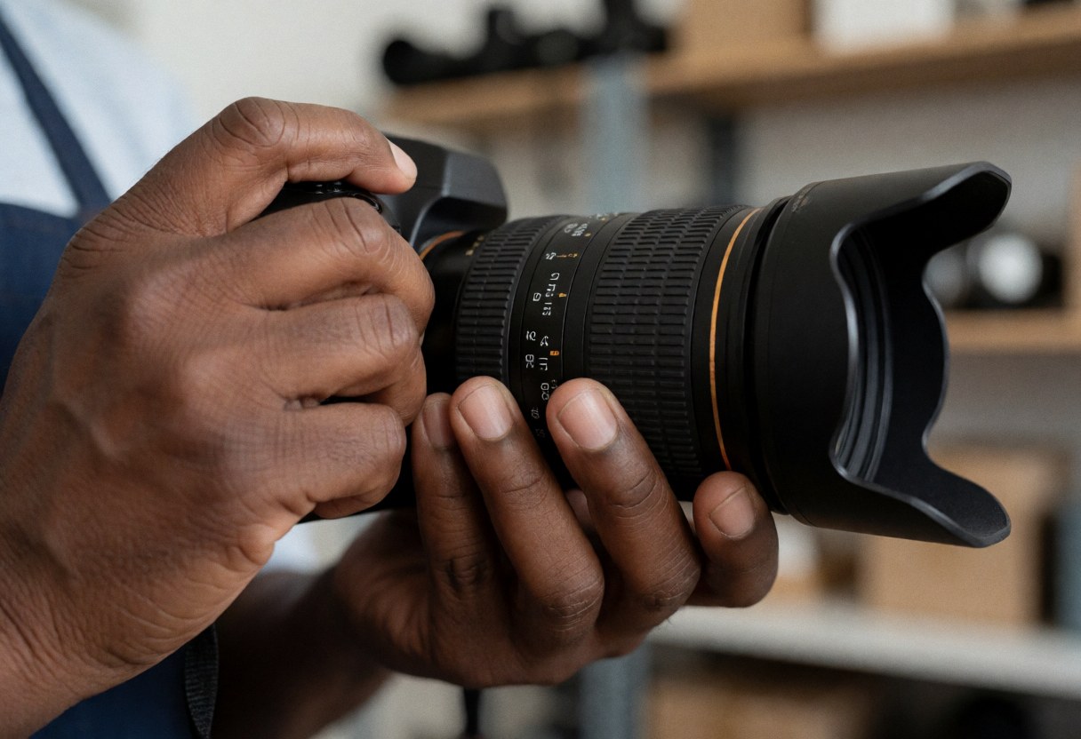 Gros plan sur une main réglant l'anneau de mise au point d'un appareil photo professionnel avec un grand objectif, sur fond flou d'étagères d'atelier.