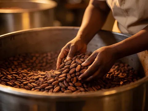 Des mains travaillant le cacao à l'intérieur d'un grand tambour métallique lors d'une torréfaction artisanale.