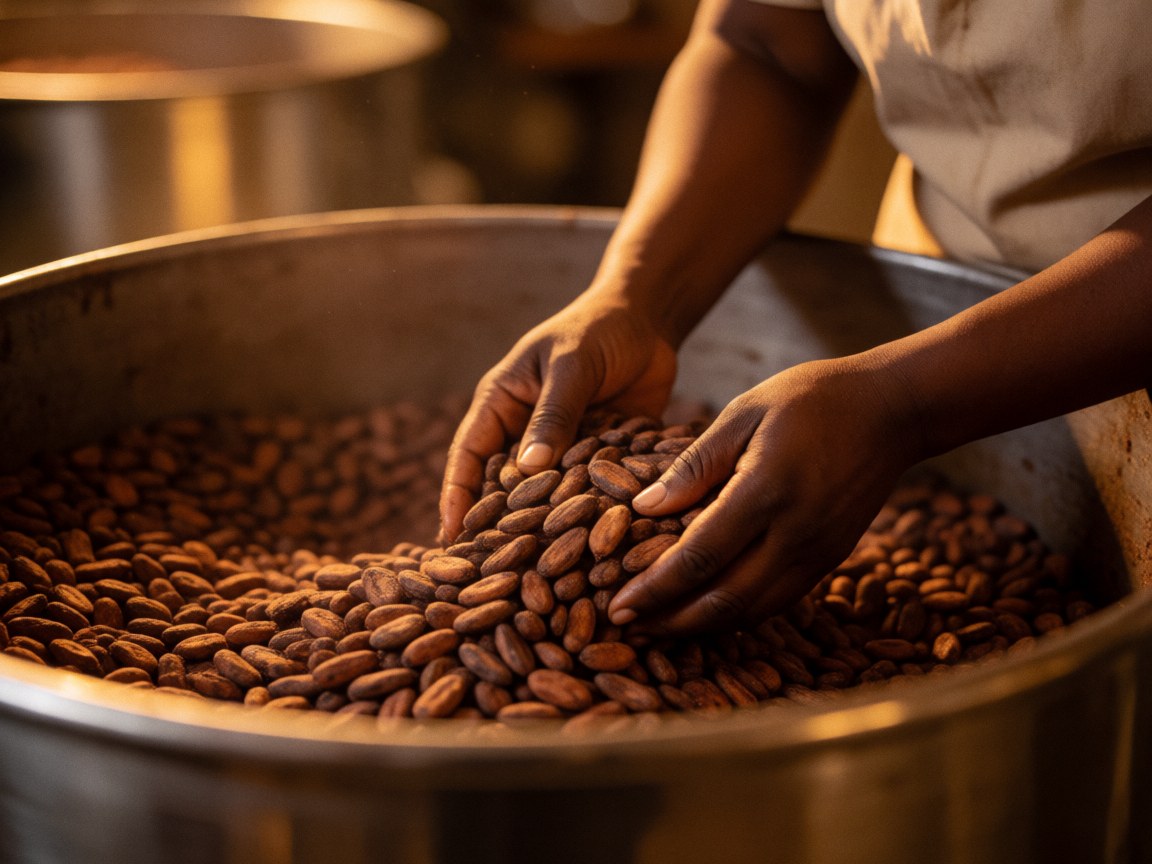 Des mains travaillant le cacao à l'intérieur d'un grand tambour métallique lors d'une torréfaction artisanale.