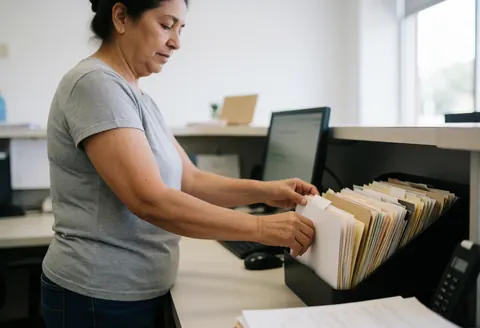 Une femme d'âge mûr range des classeurs sur un bureau équipé d'un ordinateur et d'un téléphone, dans un cadre professionnel réaliste.