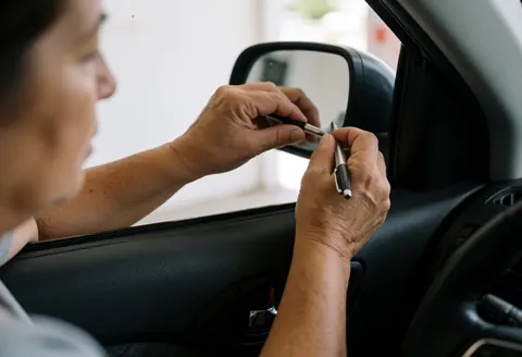 Une femme ajuste le rétroviseur latéral d'un véhicule avec un stylo, soulignant l'attention portée aux détails lors de la préparation pour une leçon de conduite.