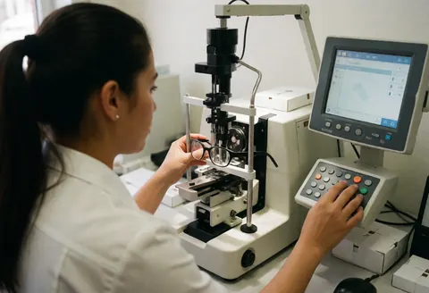 Une femme ajuste un cadre de lunettes avec précision sur une machine optique en regardant l'écran de contrôle dans un environnement professionnel.