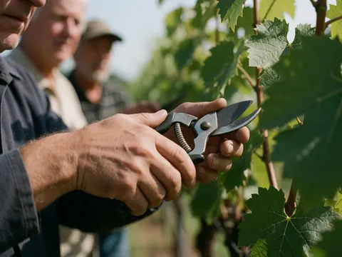 Gros plan sur des mains utilisant des sécateurs pour tailler les branches de vigne, avec un fond de feuilles vertes et d'autres travailleurs dans le vignoble.