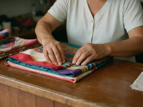 Une femme plie avec soin des mouchoirs en soie colorés sur un comptoir en bois poli, mettant en valeur la texture et le détail du travail manuel.