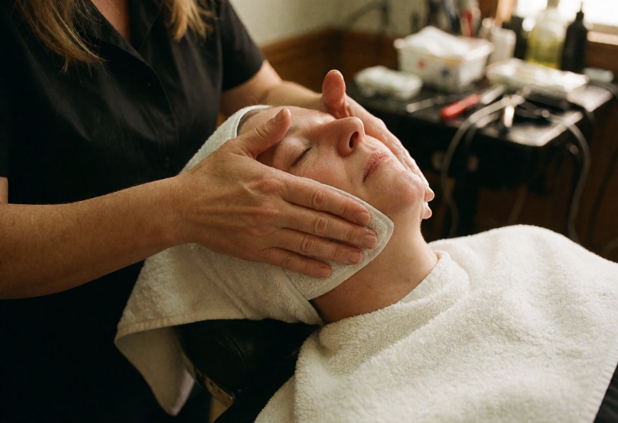 Une femme reçoit un massage facial avec une serviette dans un salon de barbier, mains de l'esthéticienne, outils et lumière chaude en arrière-plan.