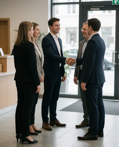 Groupe de professionnels en costume souriant et se serrant la main pour célébrer un accord dans un hall d'entreprise.