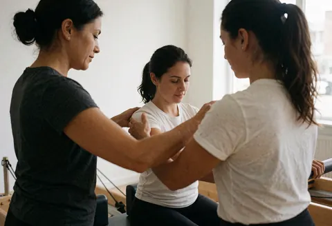 Une instructrice de pilates ajuste la posture d'une cliente sur un appareil reformer dans un studio baigné de lumière naturelle.