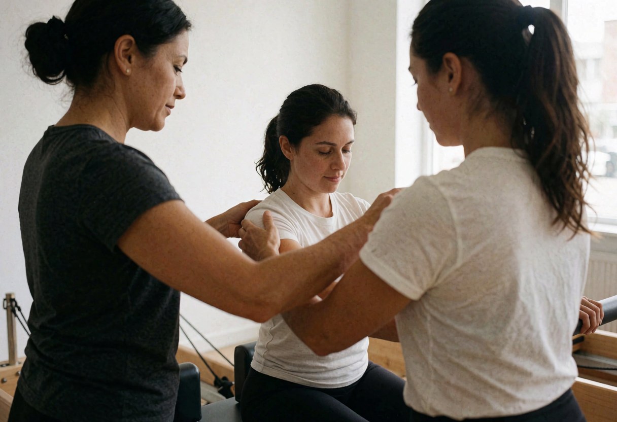 Une instructrice de pilates ajuste la posture d'une cliente sur un appareil reformer dans un studio baigné de lumière naturelle.