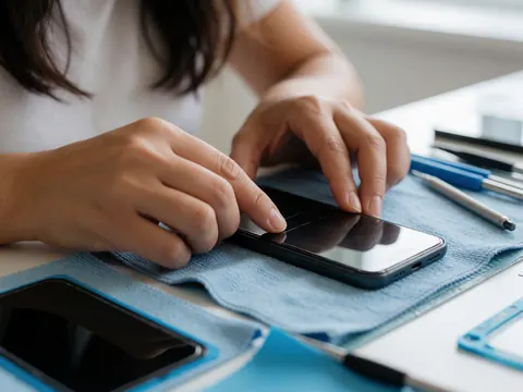 Une femme pose un protecteur d'écran sur un smartphone posé sur une serviette bleue, entourée d'outils de réparation.
