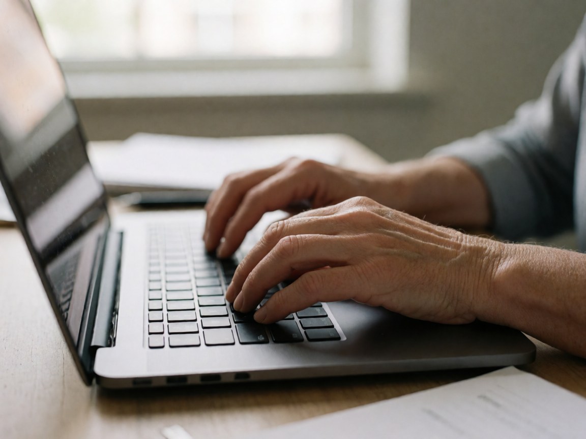 Gros plan de mains adultes tapant sur un clavier d'ordinateur baigné de lumière naturelle, évoquant le travail numérique.