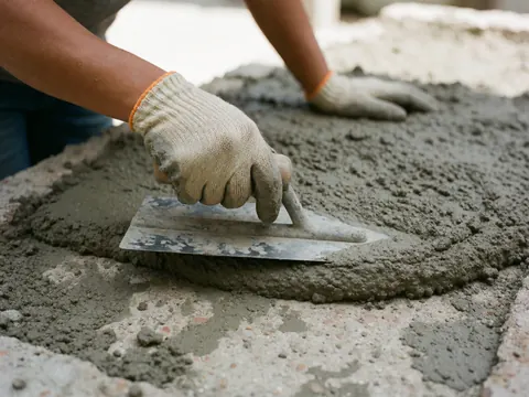 Une personne portant des gants utilise une truelle sur une surface en ciment humide, mettant en évidence le détail du matériau et de l'outil en action.
