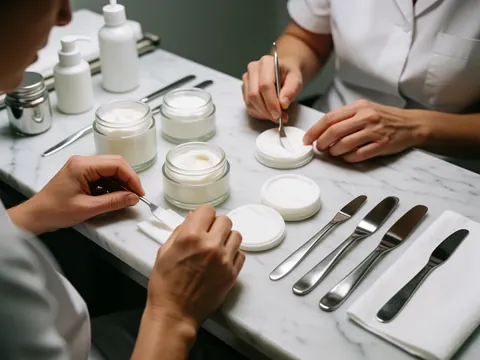 Outillage professionnel de beauté disposé sur une surface en marbre blanc avec crèmes, linges et spatules en acier inoxydable sous un éclairage clinique.