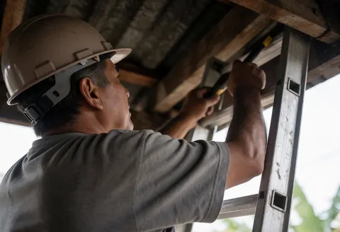 Un homme casqué en chemise grise utilise un outil depuis une échelle métallique pour intervenir sur la structure d'un toit dans un chantier.
