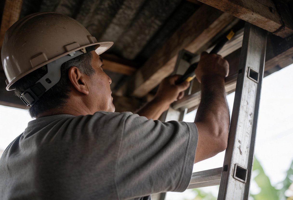 Un homme casqué en chemise grise utilise un outil depuis une échelle métallique pour intervenir sur la structure d'un toit dans un chantier.