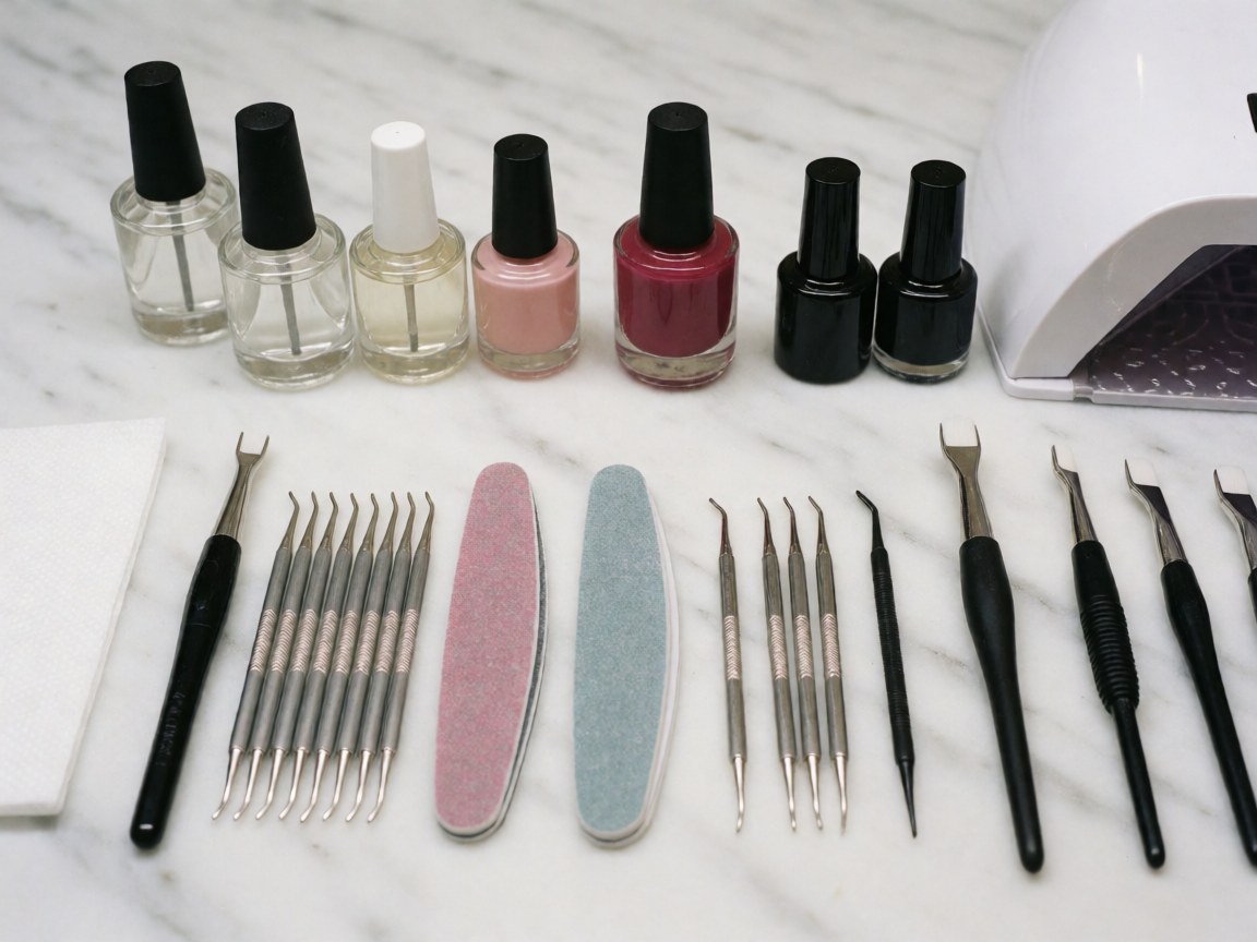 Ensemble d'outils de manicure et vernis à ongles organisés sur une surface en marbre blanc, idéal pour les salons de beauté.