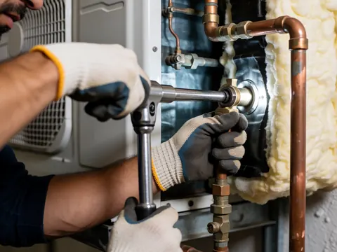 Un technicien portant des gants ajuste un tube en cuivre sur une unité de climatisation isolée, avec une clé dynamométrique et une lumière vive.