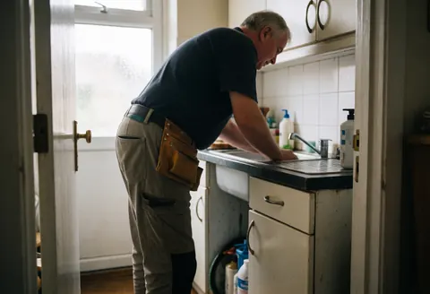 Un plombier effectue une intervention sous un évier de cuisine avec son équipement professionnel.