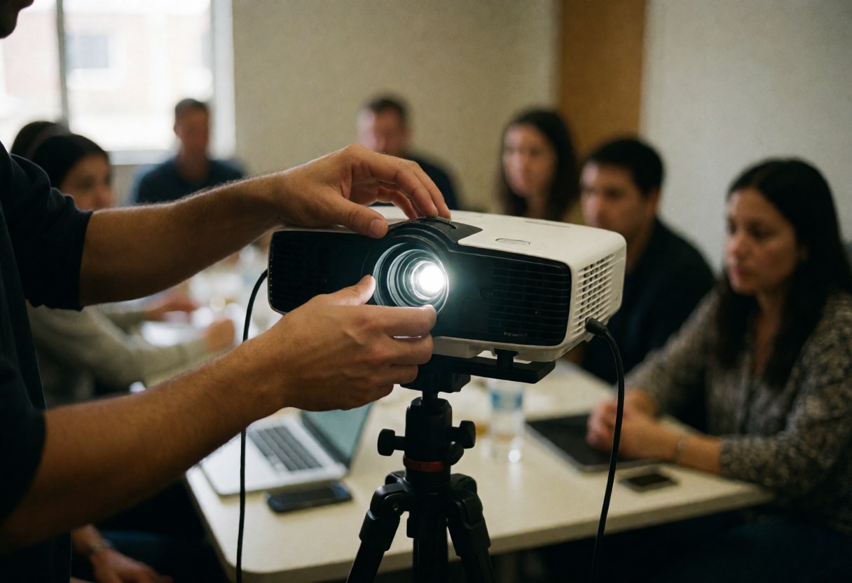 Personne réglant un projecteur pendant une réunion avec des participants assis en arrière-plan dans un cadre professionnel réaliste.