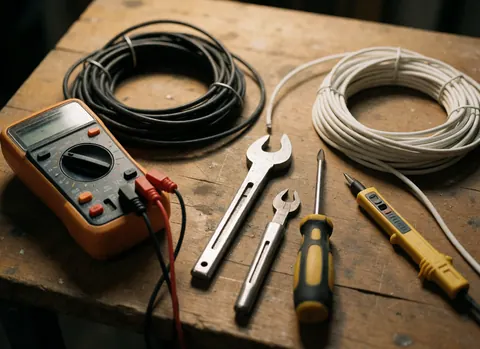 Multimètre, câbles, clés et tournevis posés sur un établi en bois texturé et sali, idéal pour les électriciens.