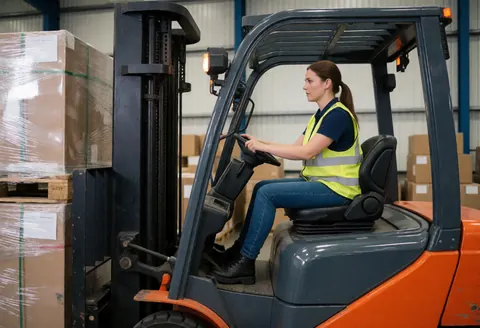 Une femme portant un gilet de sécurité manœuvre un chariot élévateur pour charger des palets dans un entrepôt industriel.